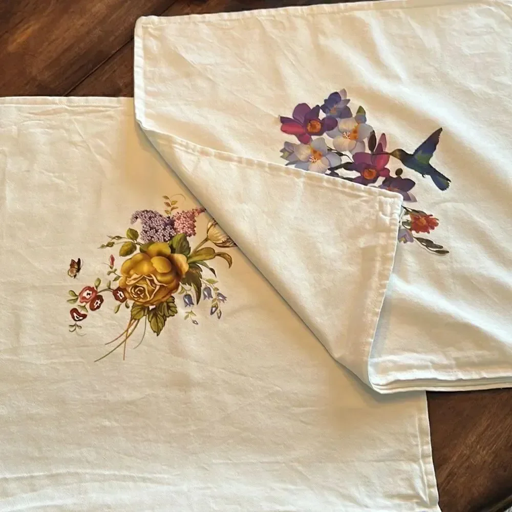 Cream Decorative Pillow Covers with Floral Transfers with Zipper Closure-  2pcs